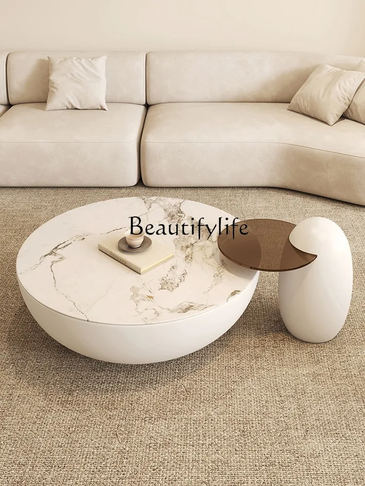 Modern Light Luxury Living Room round Tea Table Small Apartment Home Cream Stone Plate Silent Wind Tea Table