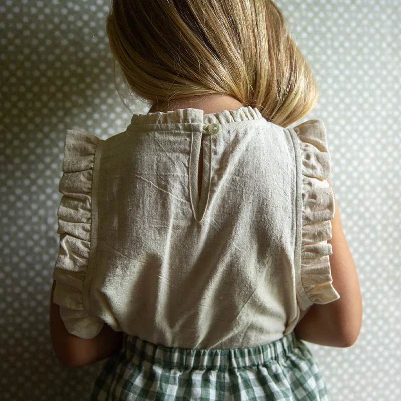 Retro Girls Ruffle Sleeve And Collar Linen Camisole Top Summer New Children\'s Sleeveless Casual Cotton Linen T-Shirts TZ125