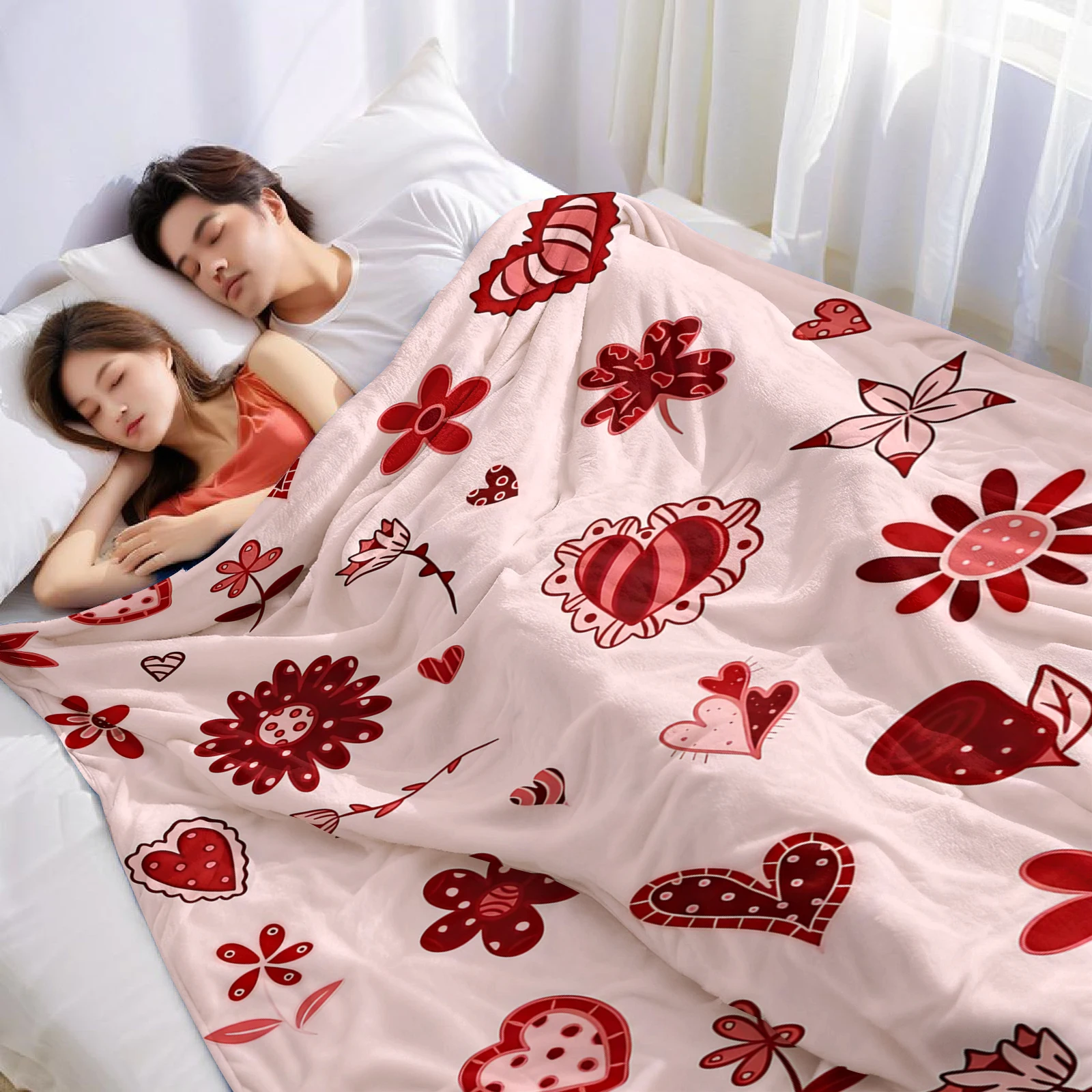 Red Floral Heart Doodle Ultra Soft Sherpa Fleece Blanket Fluffy Warm Halloween Cozy Throw for Sofa Couch Bedroom Gift All season