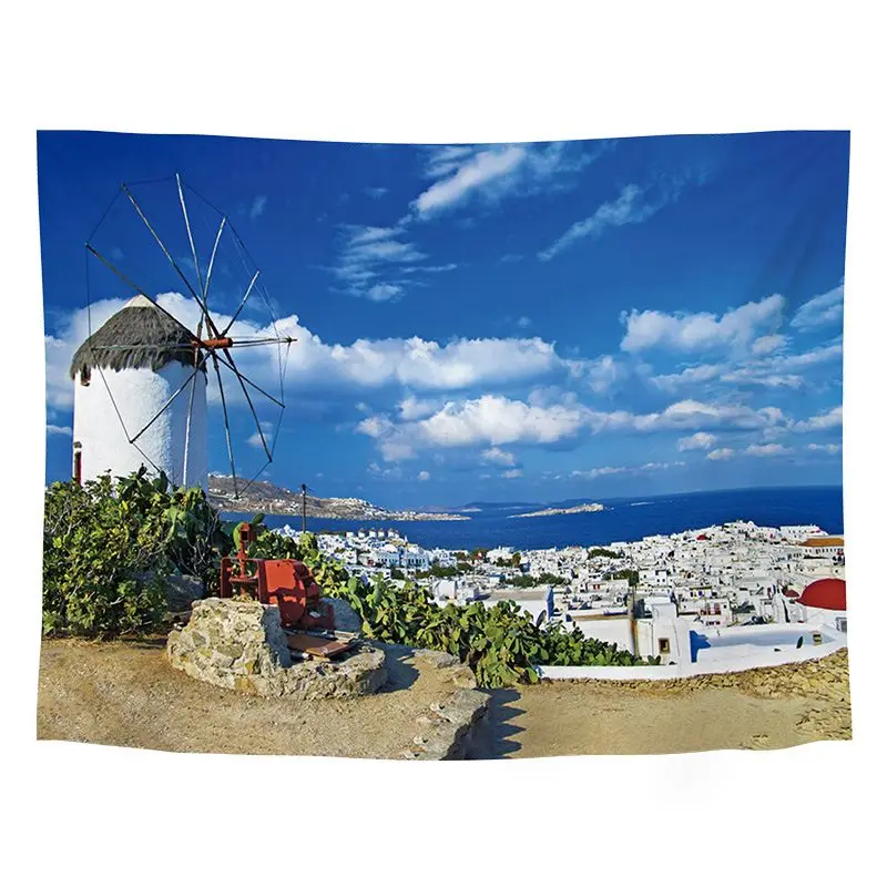 VIKAMA Greek Windmill Town Sea View Tapestry Wall Hanging Home Decor for Bedroom Living Room Dorm Aegean Sea Photography