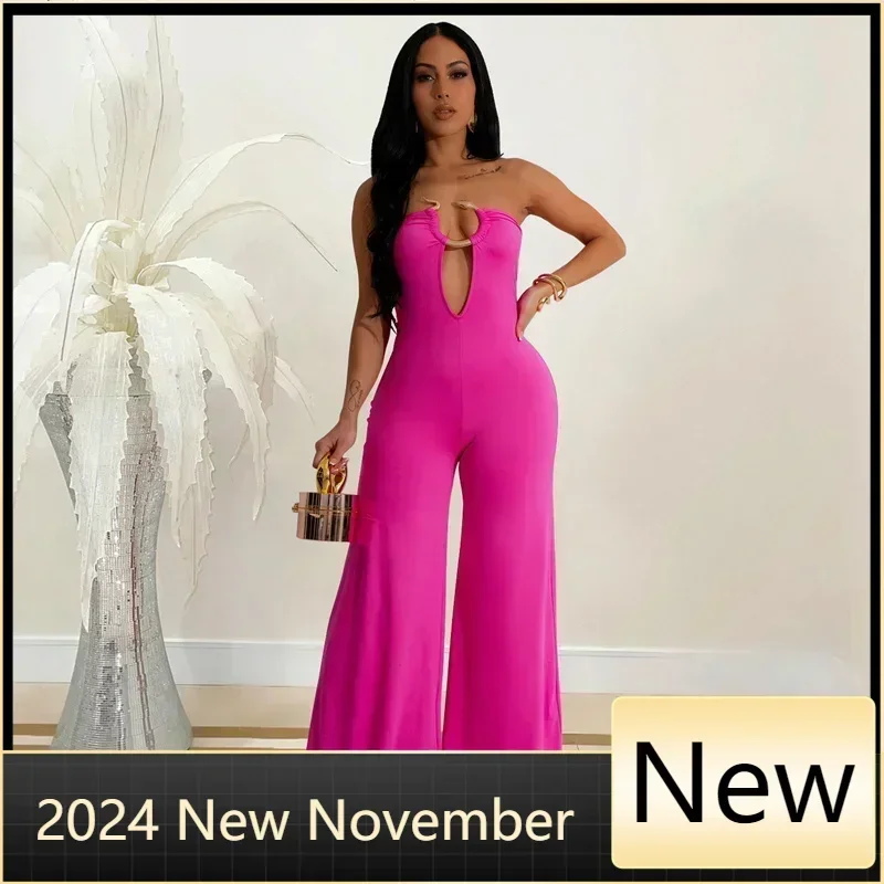 

2025 Strapless Sleeveless Women Sexy Loose Wide Leg Jumpsuits Party Summer Backless Cut Out Night Club Jumpsuit Rompers Ladies