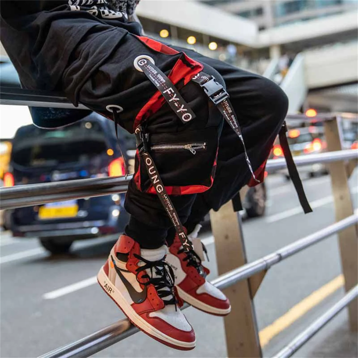 Men's Cargo Pants Casual Hip Hop Hit Color Multiple Pockets Trousers Streetwear Black Punk Ribbons Techwear Sweatpants Boys
