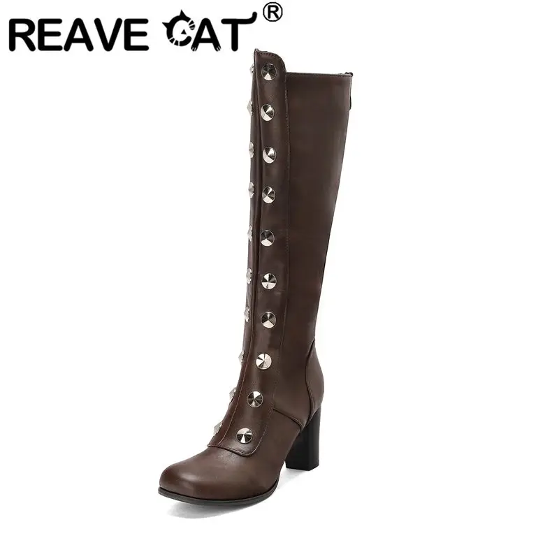 

REAVE CAT Female Knee High Boots Round Toe Block Heels Zipper Large Size 44 45 46 Sexy Dating Banquet Tall Bota for Women Black