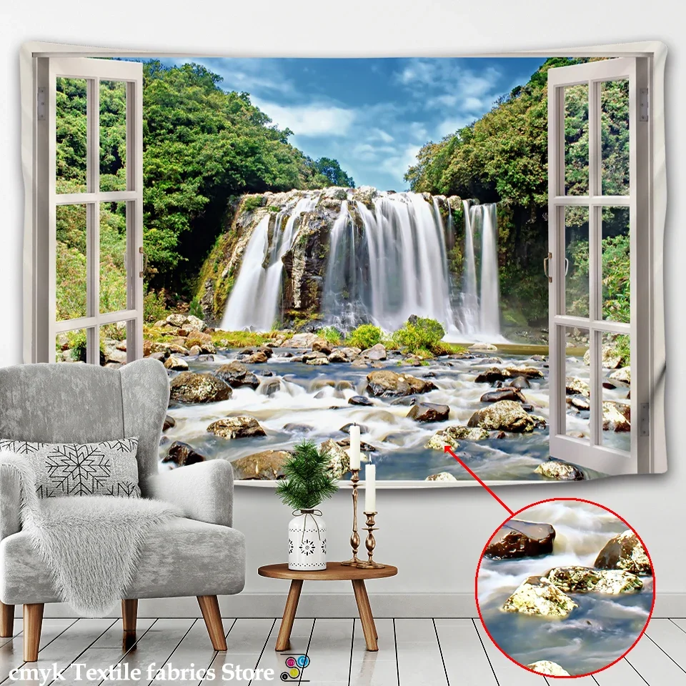 3D Outside The Window Landscape Waterfall Painting Tapestry Wall Hanging Bedroom Wall Fabric Art Tapestry Bohemian Decor Blanket