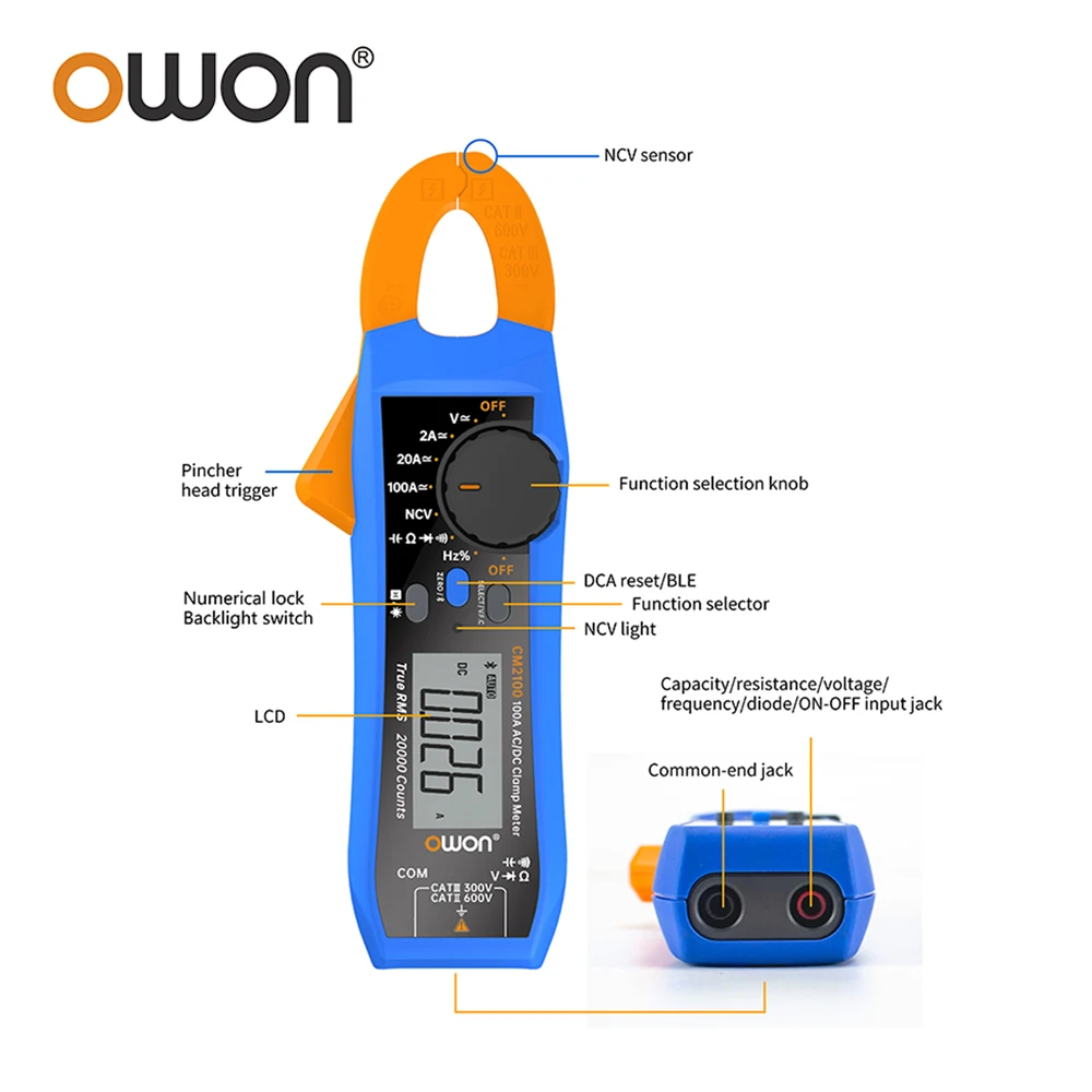 OWON CM2100B Smart AC/DC Current Voltage Clamp Meter 100A 600V 20000 True RMS BLE Auto NCV Resistance Frequency Measurement