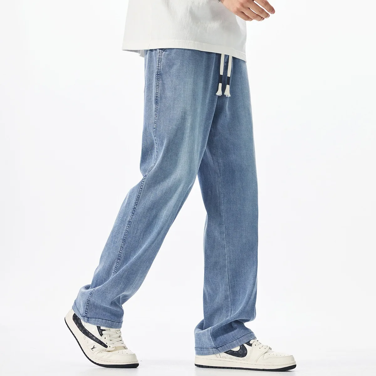 Summer Jeans Tall Men Loose Wide Legs 110CM 115CM Extra Long Stretched Pants 5XL 6XL 7XL Plus Size Large Boys Male Trousers