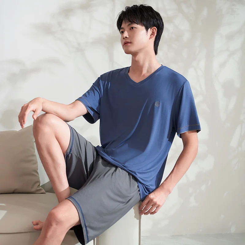 Soft modal pajamas men's summer thin section short-sleeve short pants v-neck summer big yards casual wearable youth home service