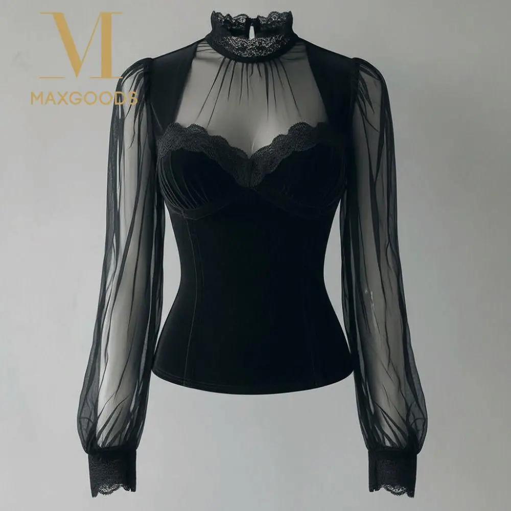 

High Neck Mesh Blouse See Through Long Sleeve Velvet Corset Top Slimming Design Lace Patchwork French Style Shirts Fashion Wear