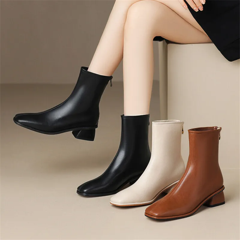 NEW Autumn Winter Split Leather Women Boot Fashion Short Boots Square Toe Chunky Shoes for Women High Heels Boots Zapatos Mujer