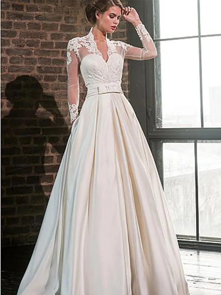 Elegant Wedding Dresses Long Sleeves Lace Satin with Pockets Wedding Gowns Bride Dress Vintage 2022 Customize  Robe De Mariee