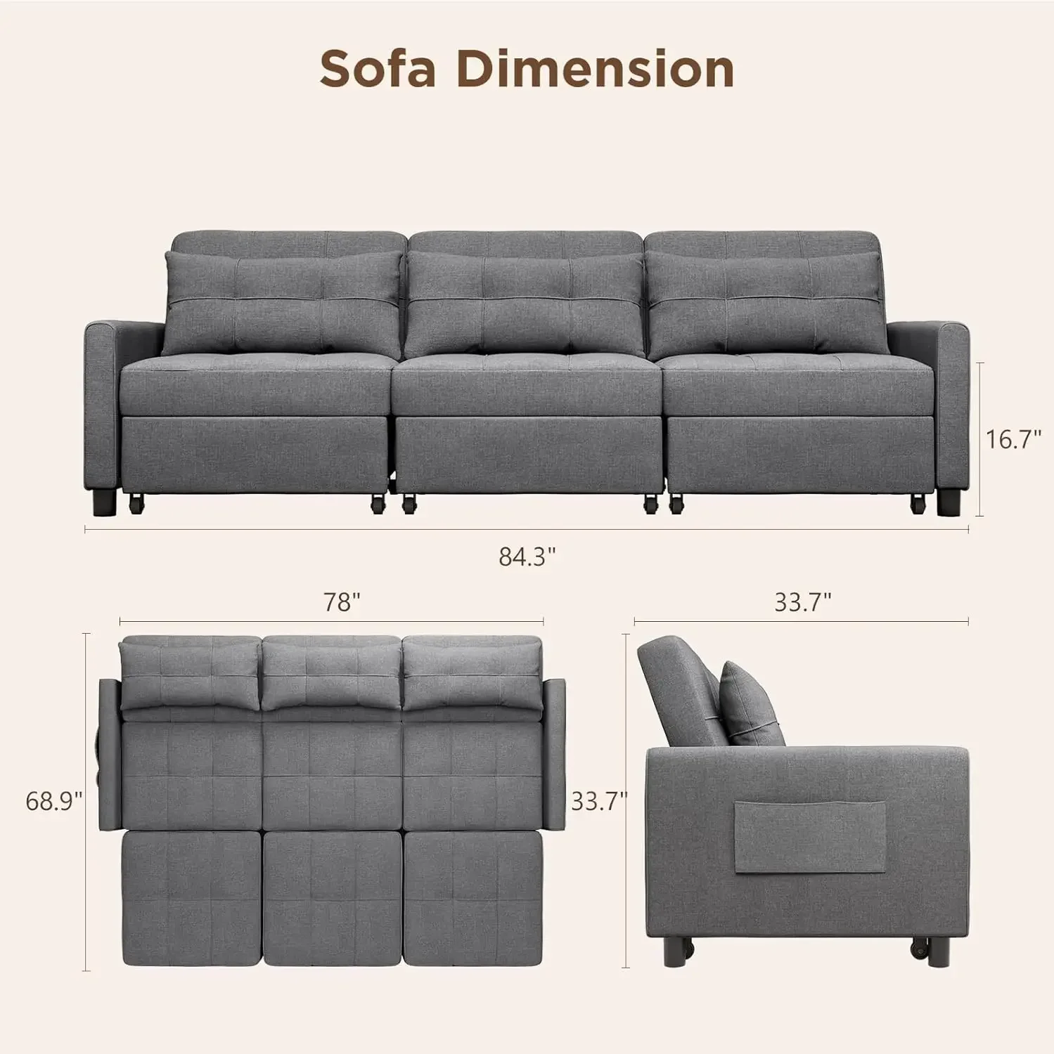 84 Inch Convertible Sectional Sleeper Sofa,  Sectional Couch Bed for Living Room, Guest Room, Dark Grey