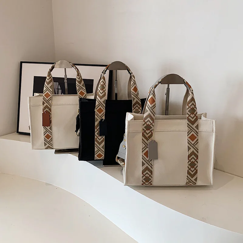 Canvas Patterned Handle Bag Women New Casual Natinoal Style Crossbody Bag Lightweight Large Capacity Commuter Shoulder Bag