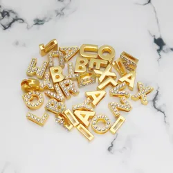 50PC/lot Hole 8mm 10mm Rhinestones Slide Letter Golden English Alphabet slide Charm Fit For DIY Wristband Keychains