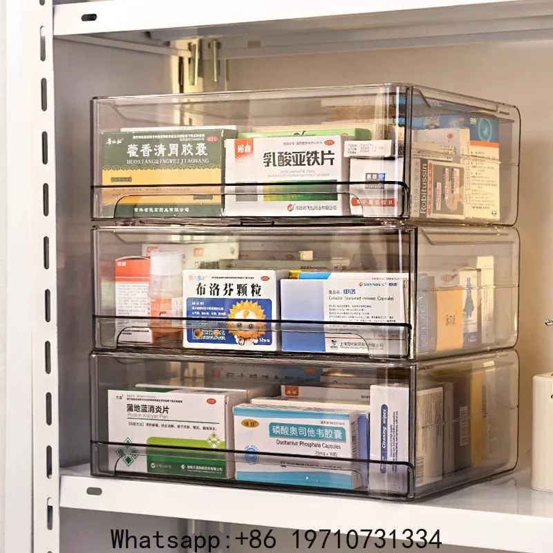 1pc Gray Drawer Acrylic Medicine Storage Box, Large Capacity Stackable Medicine Sorting Box, Pull-out Medicine Box