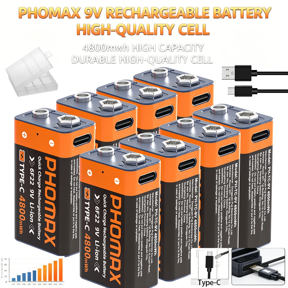 PHOMAX Type-C Rechargeable 9V Lithium ion Battery 4800mWh High Capacity for Guitar Microphone Smoke Detector Pedal with Cable