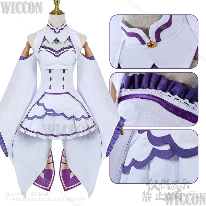 Emilia Anime Re Life en un mundo diferente de Zero disfraz de Cosplay vestido blanco peluca Lolita Prop niñas mujer Halloween personalizado