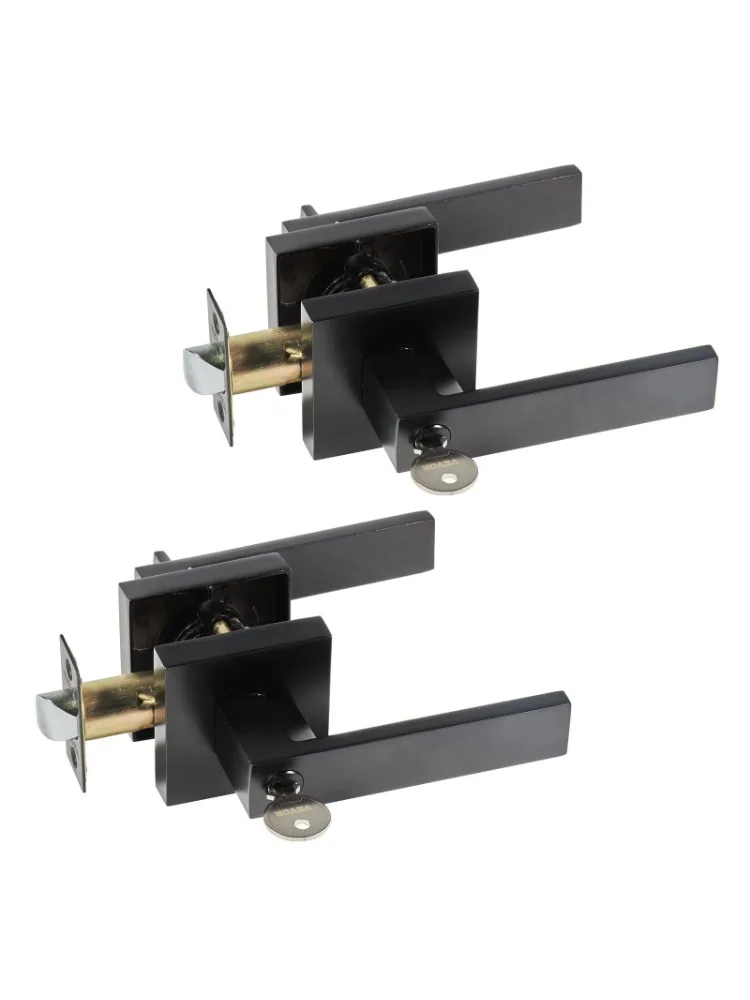 Entry Lever Door Handle, 2 Piece Black Entry Knob, Lock and Key Lock Lever Set, Modern Square Door Lever