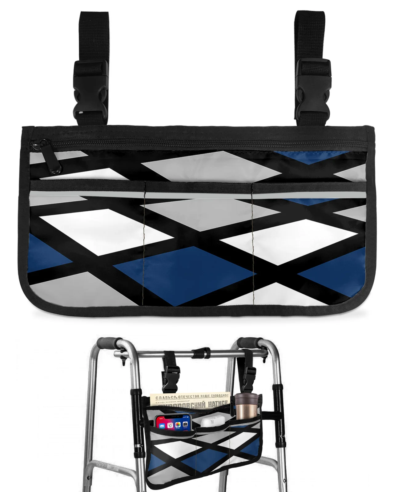 Navy Blue Black Grey Geometric Square Wheelchair Bag With Pockets Armrest Side Bags Electric Scooter Walking Frame Storage Pouch