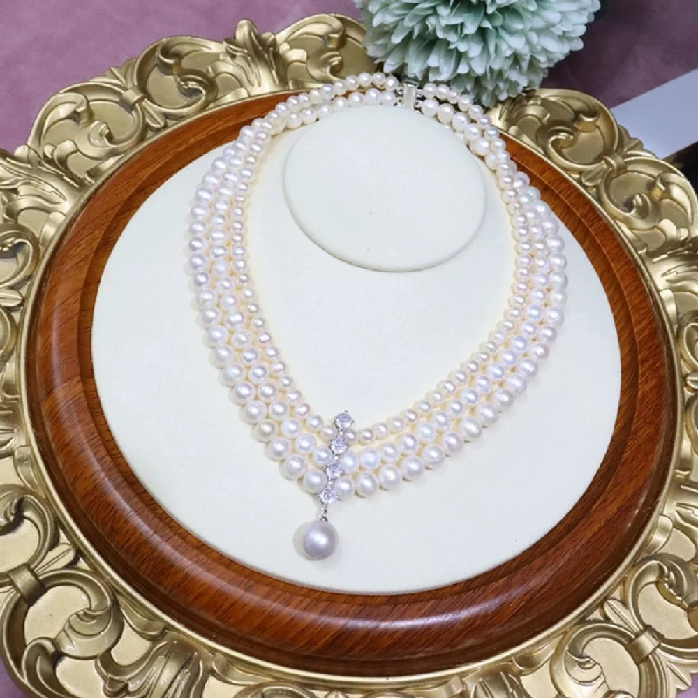 3-Row Natural Pearl AAA 6-8-9mm Japanese Round Pearl Necklace 17* 18*19inch 925s Other Sizes Contact Customer Service