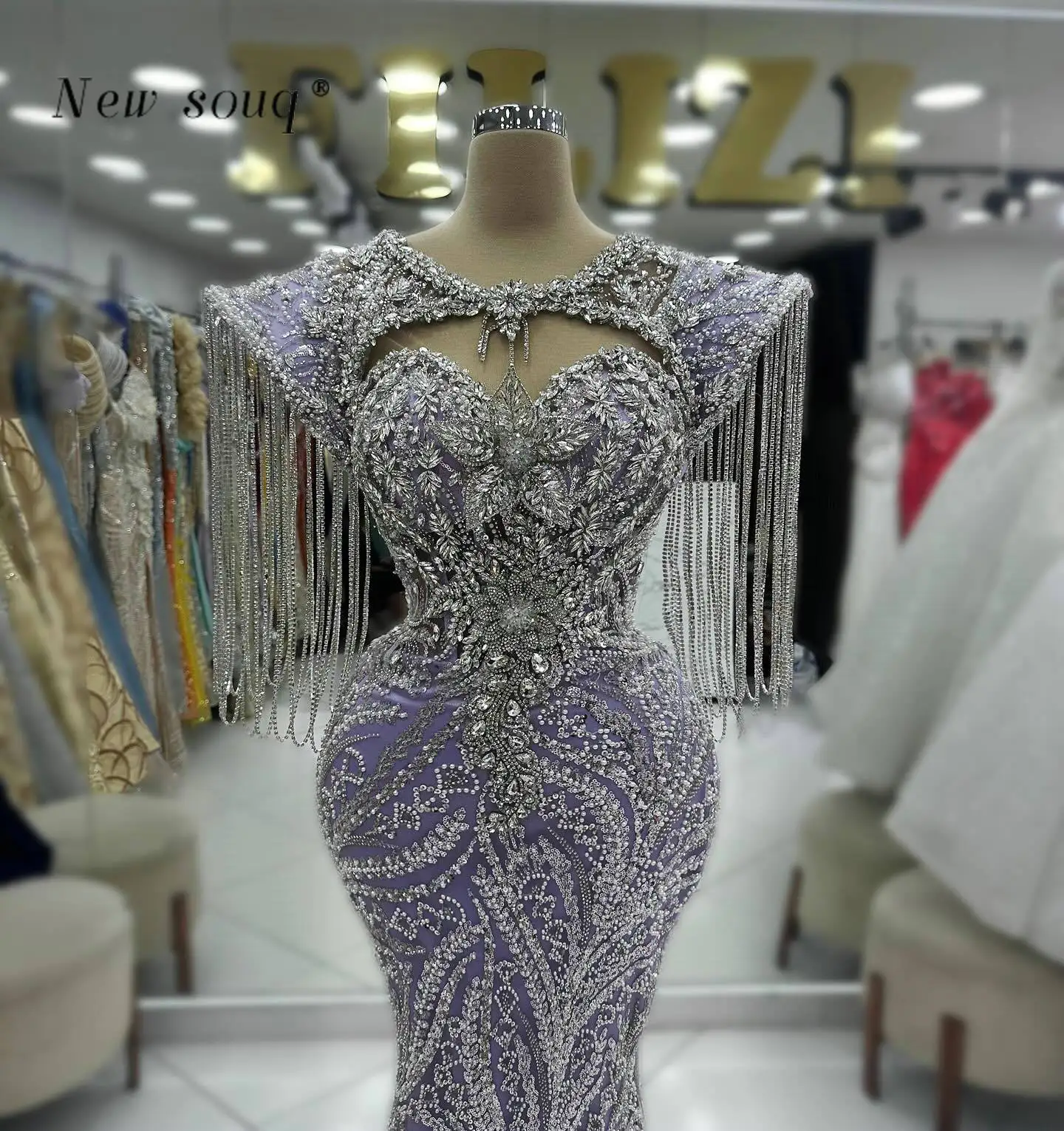 Dubai Arabic Silver Crystals Chains Mermaid Evening Dresses Lilac Long Sequins Party Dress Formal Occasions Night Prom Gowns