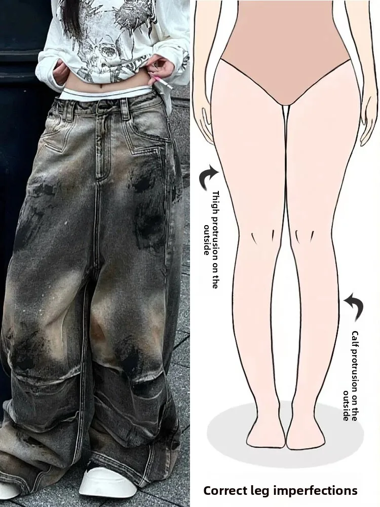 

Мужские джинсы в стиле ретро с эффектом потертости, широкие брюки с высокой талией, повседневные штаны в уличном стиле для фигуры типа «груша»