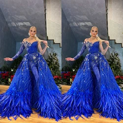 Feathers Royal Blue Mermaid Evening Dresses Lace Sequin One Shoulder Prom Gowns Custom Made Crystal with Overskirt Party Dresses