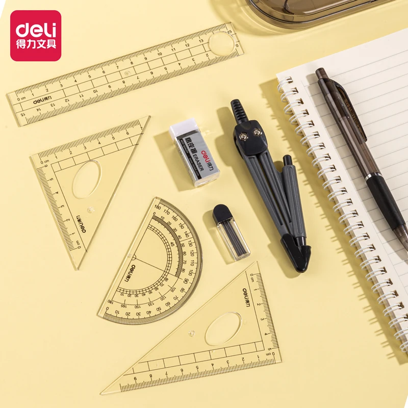 3Sets Deli 9591 Drawing Set Ruler Compasses Rubber Automatic Pencil Straight Edge School Student Supplies Stationery
