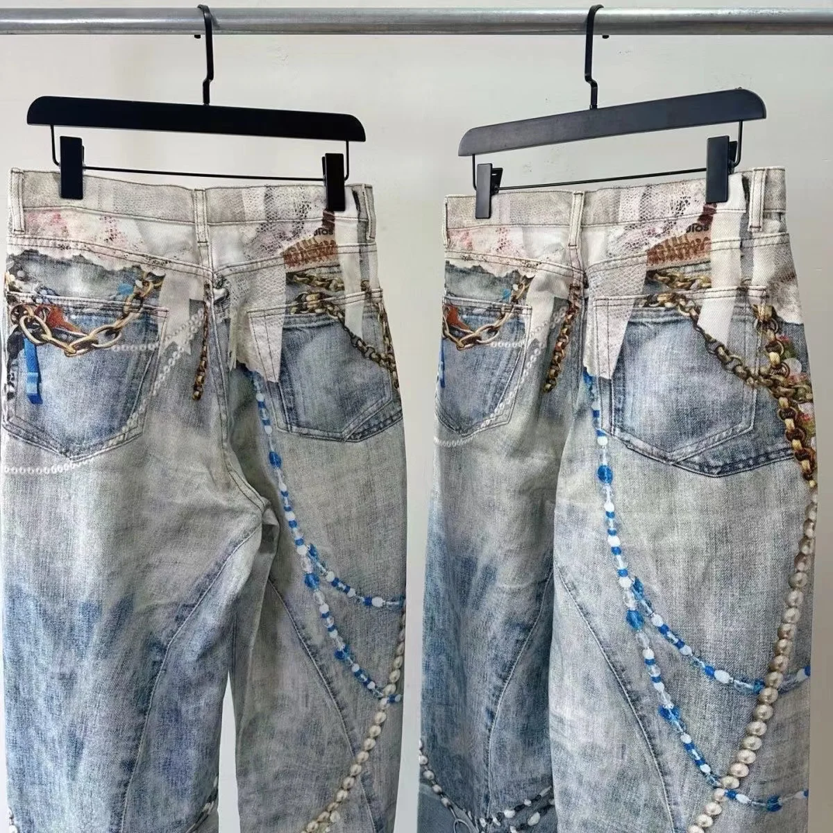 Fashionable Niche 3D Printed Lace Pearl Chain Denim Pants For Women High Waist Straight Leg Jeans Female Trendy