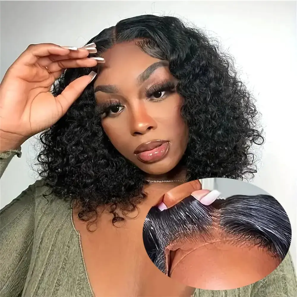 

Put On and Go Water Wave Bob 4X4 Glueless Lace Front Wigs 180% Density Human Hair Brazilian Pre Plucked For Women Natural Color