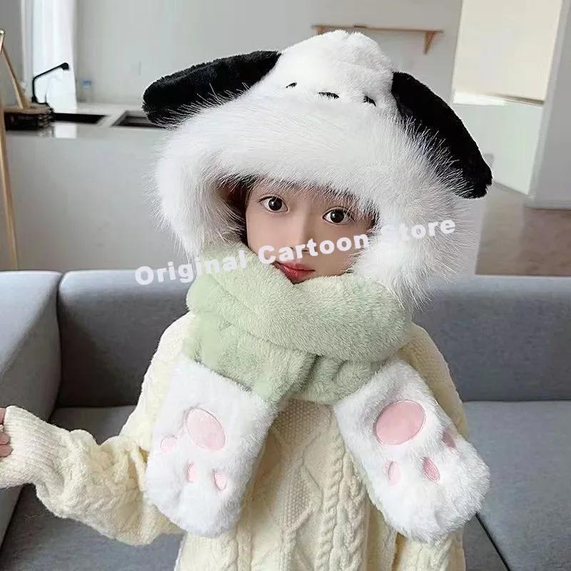 Hello Kitty Sanrio Kuromi Cartoon Child Hat Scarf One Body Cute Winter Keep Warm Plush Ear Protection Hat Gloves Child Gift