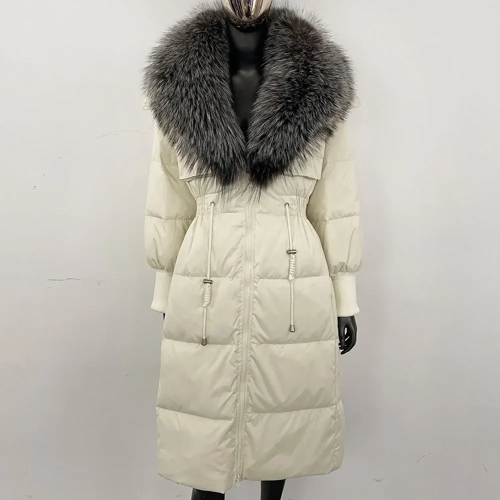 2025 جديد ريال فوكس الفراء طوق الفراء الطبيعي سترة طويلة سترة منفوخة الشتاء فوق الركبة المرأة سليم صالح الدافئة الأبيض بطة أسفل معطف #3