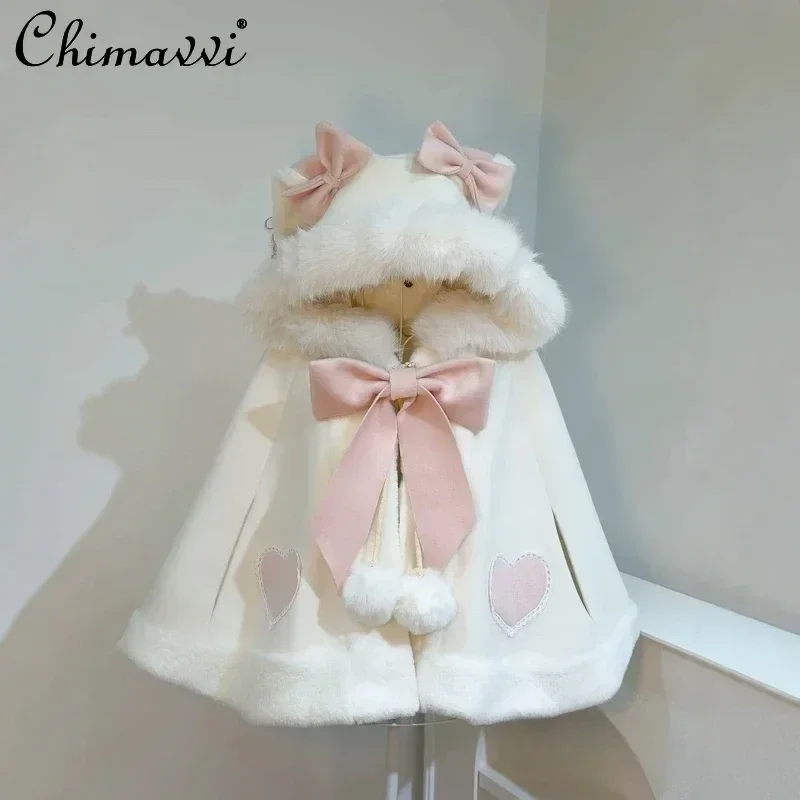 Lolita Original New Cute Rabbit Ears Hooded Shawl Coat Autumn and Winter New Sweet Girl Womens Warm Loose Y2k Cape Jackets Tops