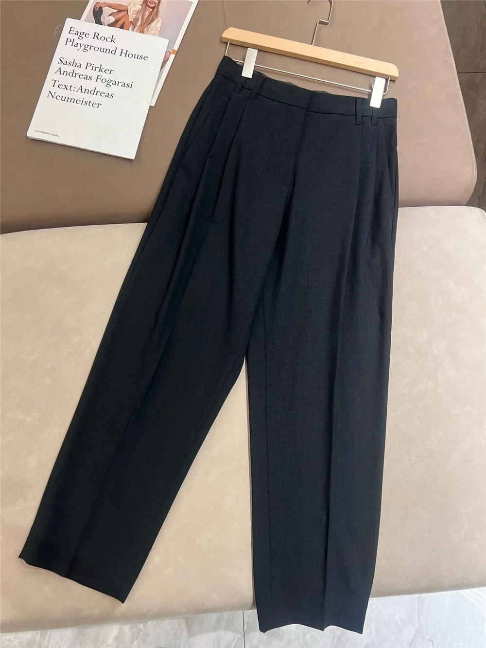 Bead Chain Women's Black Wool Tapered Pants Spring 2025 High Waist Elegant Ladies Trousers