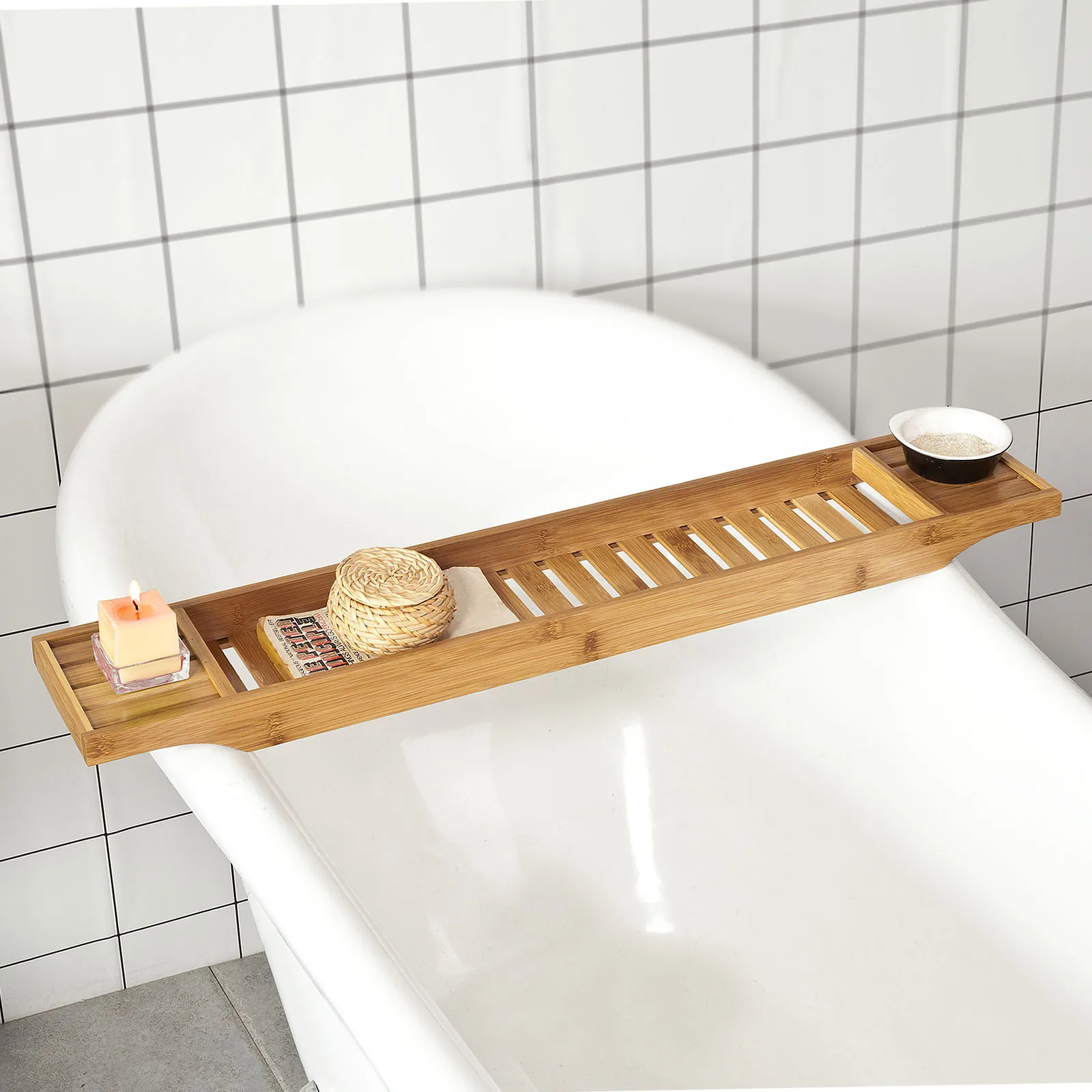 SoBuy FRG212-N 80 cm de largo, hermoso estante para bañera, tablero de bañera de bambú, rayos para bañera, puente para bañera
