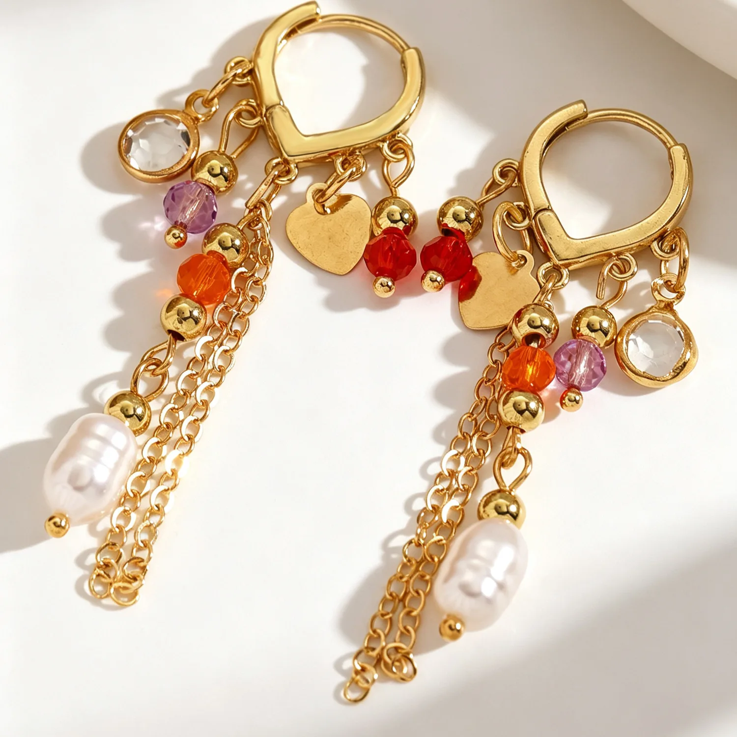 Boho Vintage Heart Pearl Crystal Drop Hoop Earrings for Women Handmade Beads Tassels Dangler Summer Vacation Beach Jewelry