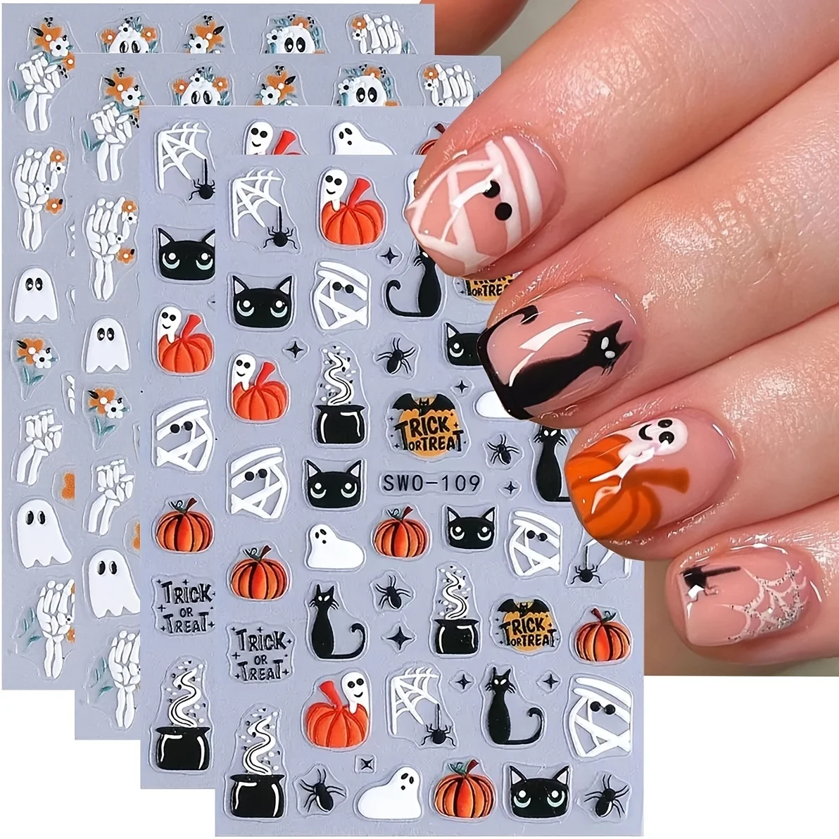 4 Sheets 5D Embossed Halloween Nail Art Stickers,Cute Pumpkin Skeleton Black Cat Nail Decals,Nail Decor for Women DIY Manicure