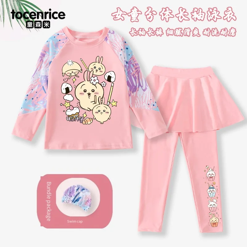 Summer Chiikawa Children's Swimsuit Dress Cartoon Anime Usagi Hachiware Girls Quick-Drying Split Long-Sleeved Trousers Swimsuit