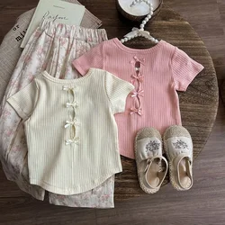T-shirt for Kids Girl 2-7 Years Old Solid Colour Back Cutout Top Summer Baby Girls Fashionable Versatile Short-sleeved T-shirt
