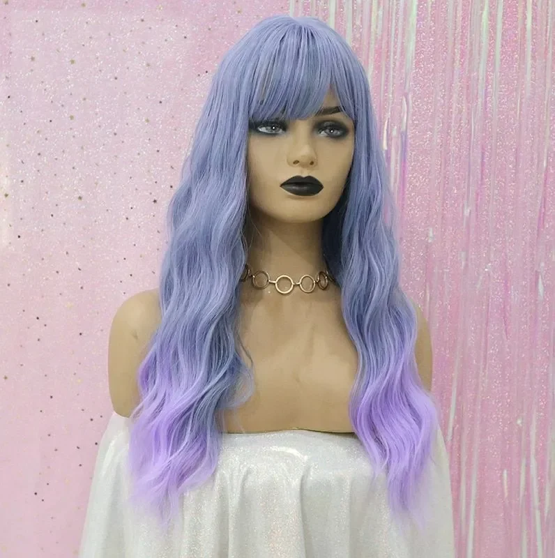 Long Ombre Blue & Purple Wavy Women Synthetic Hair Wigs With Bangs Heat Resistant Fiber wig