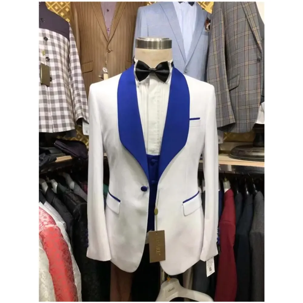 

Groomsmen White Groom Tuxedos Shawl Royal Blue Lapel Men Suits Wedding/Prom/Dinner Best Man Blazer ( Jacket+Pants+Vest)
