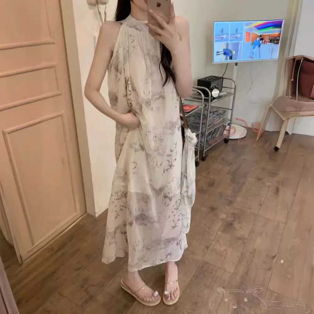 

Gentle and Elegant Hanging Neck Tie Up Dress Summer New Chinese Ink Painting Loose Sleeveless Vacation Long Dress