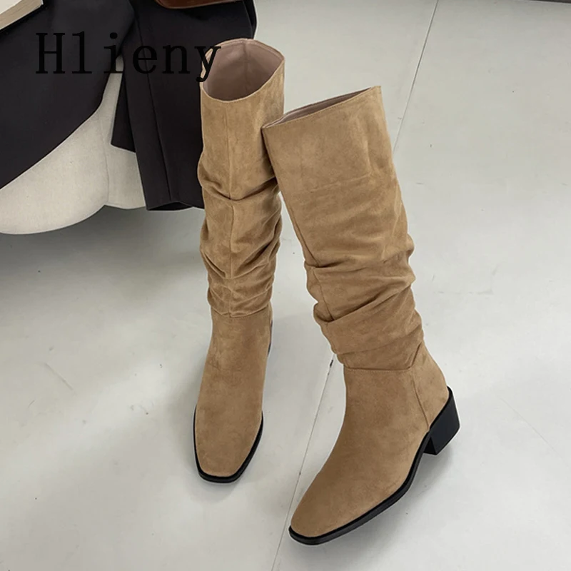 

Hlieny/зимние женские сапоги до колена высокого качества со складками и квадратным носком, модная винтажная женская обувь на квадратном низком каблуке, длинные ботильоны