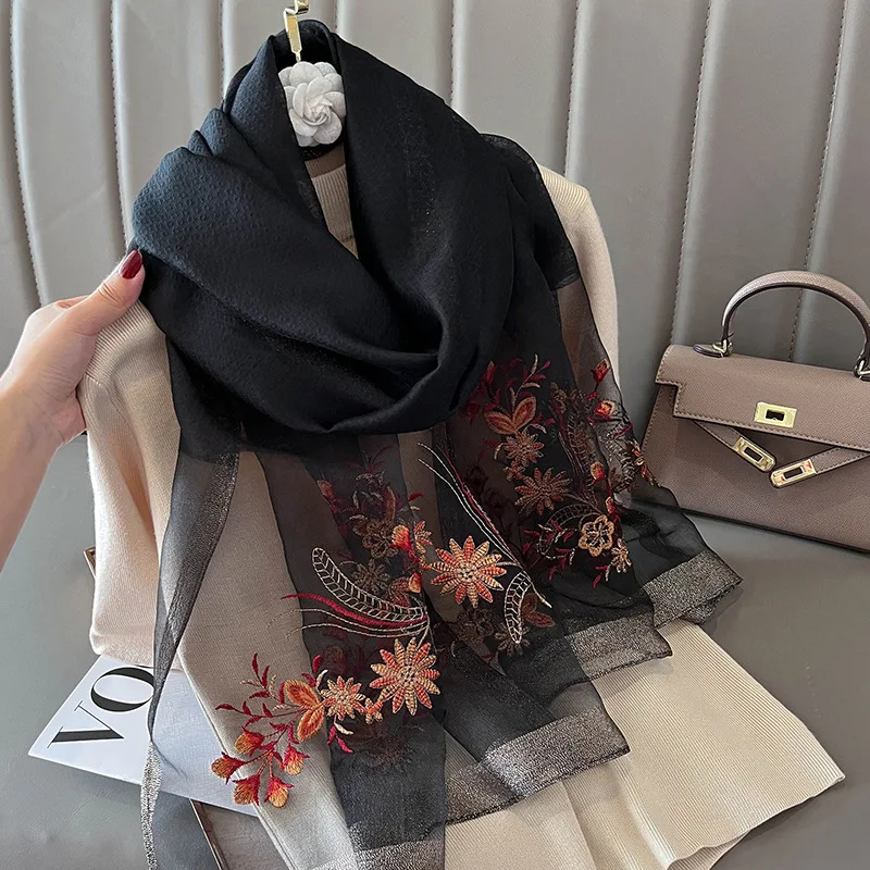 Luxury Brand Silk Wool Women Scarf Embroidery Shawl and Wraps Foulard Female Hijab Bandana scarves for lady flowers beach stoles