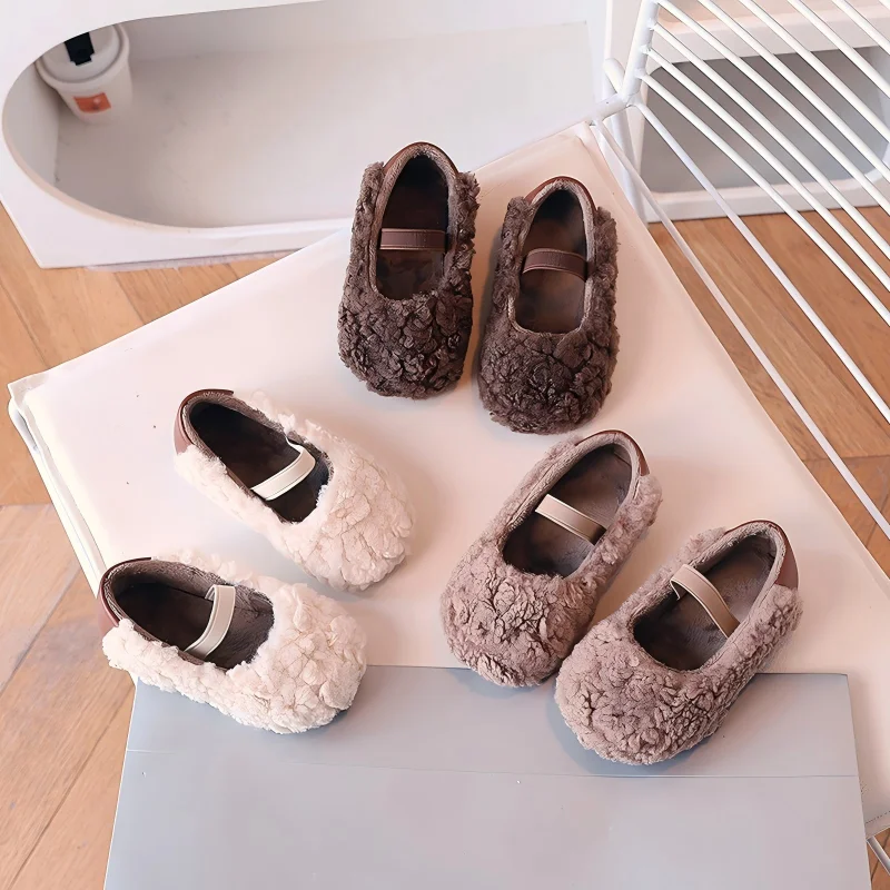 Winter Girl's Mary Janes Elastic Band Plush Fuzzy Warm Kid's Flat Shoe Solid Colors Anti-slip Daily Chic Soft Children Shoes