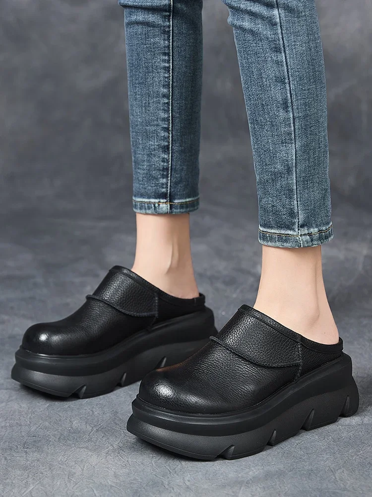 

Birkuir Retro Closed Toe Women Slippers 7cm Thick Heel Wedges Slides Genuine Leather Slip On Platform Big Head Outdoor Slippers