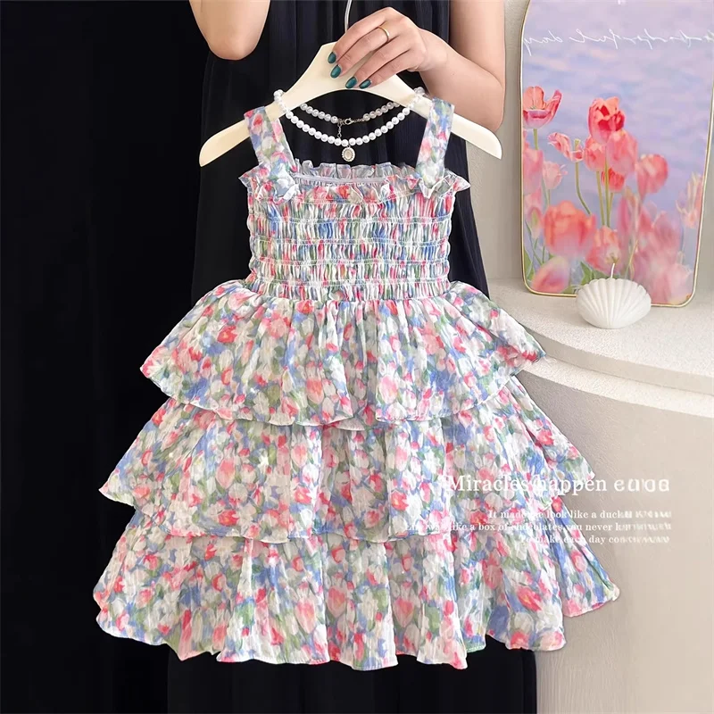 Girls Floral Sling Dress Summer 2026 New Princess Sweet Print Gown Children Fashion Vacation-Style Tank Vestidos Kids Clothing