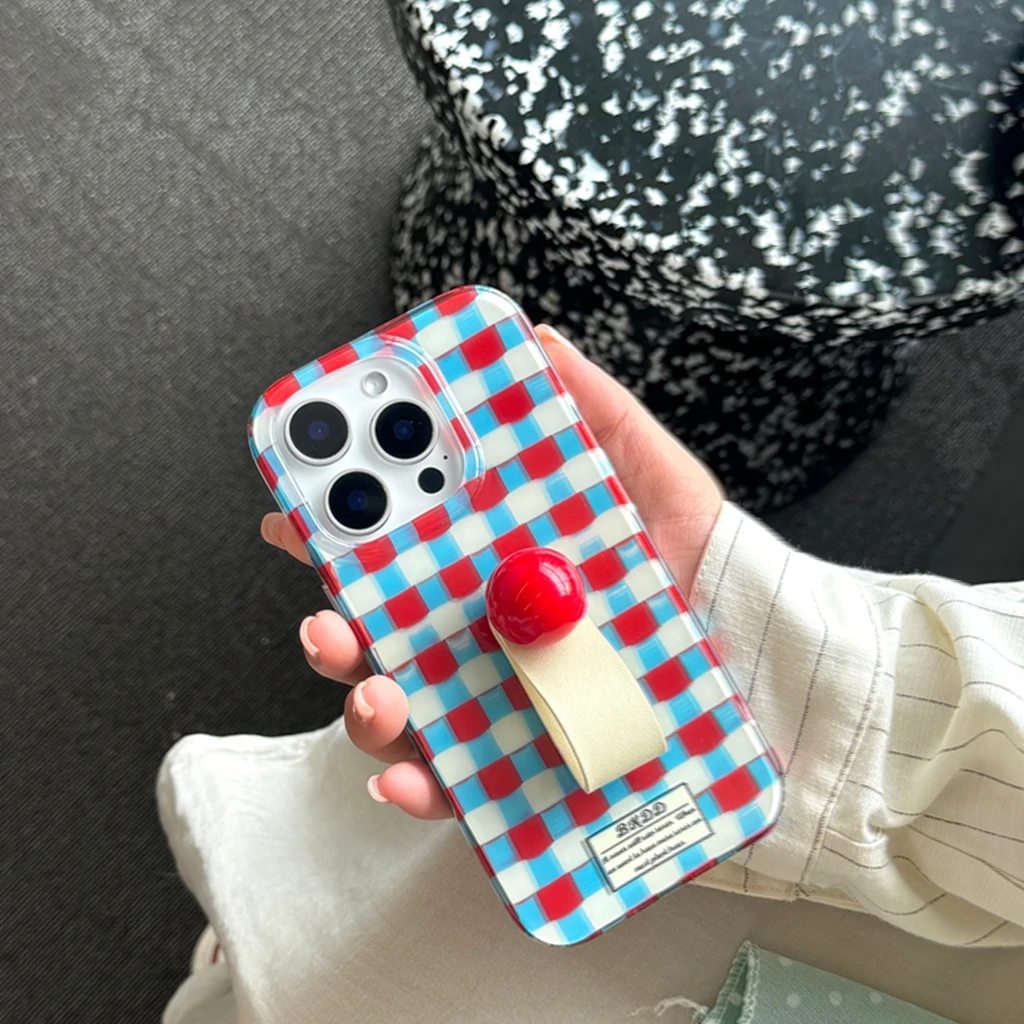 

Retro Red Blue Color Collision Weaving Pattern Round Ball Finger Ring Holder Phone Cover Case for iPhone 16 15 14 13 Pro Max