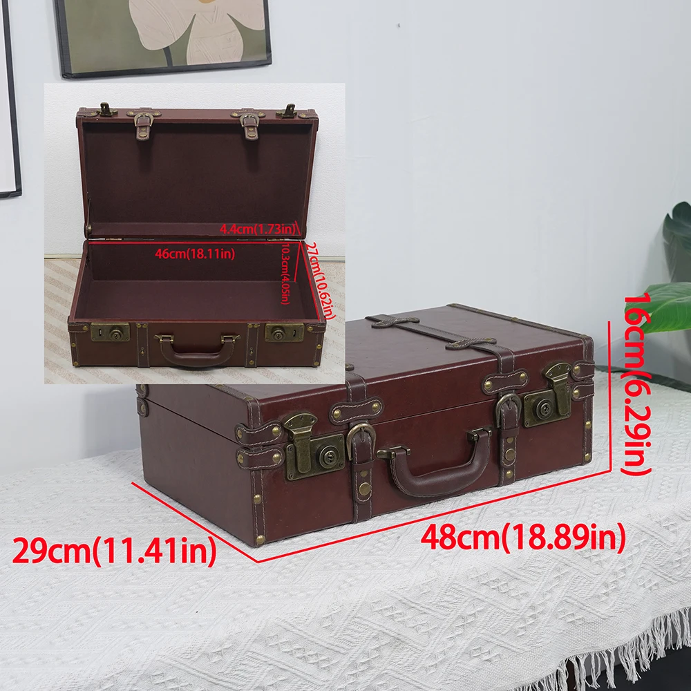 صندوق تخزين السفر الجلدي الأوروبي البريطاني العتيق، أمتعة مستطيلة خشبية كلاسيكية متعددة الوظائف #5