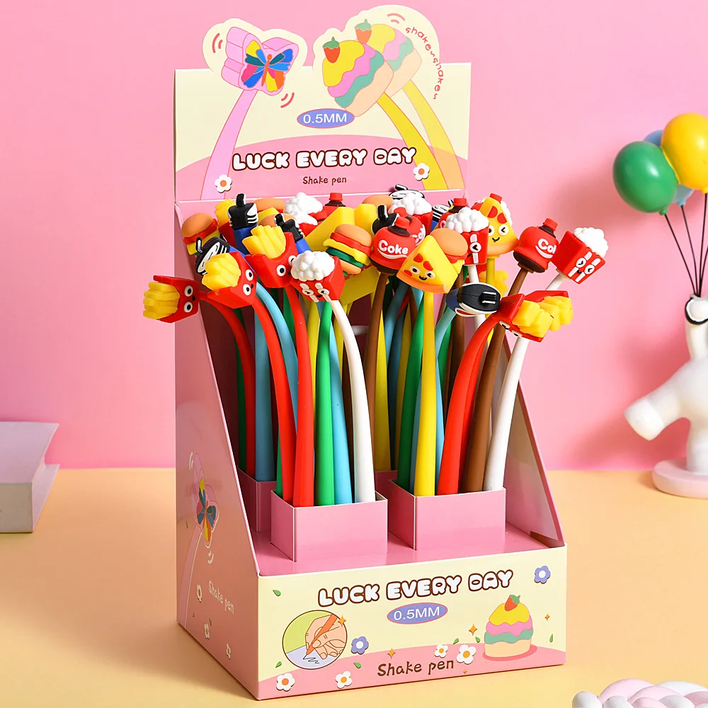 48 Pcs with Box Soft Rubber Burger Cola Rocking Music Neutral Pen Decompression Gift Writing Supplies