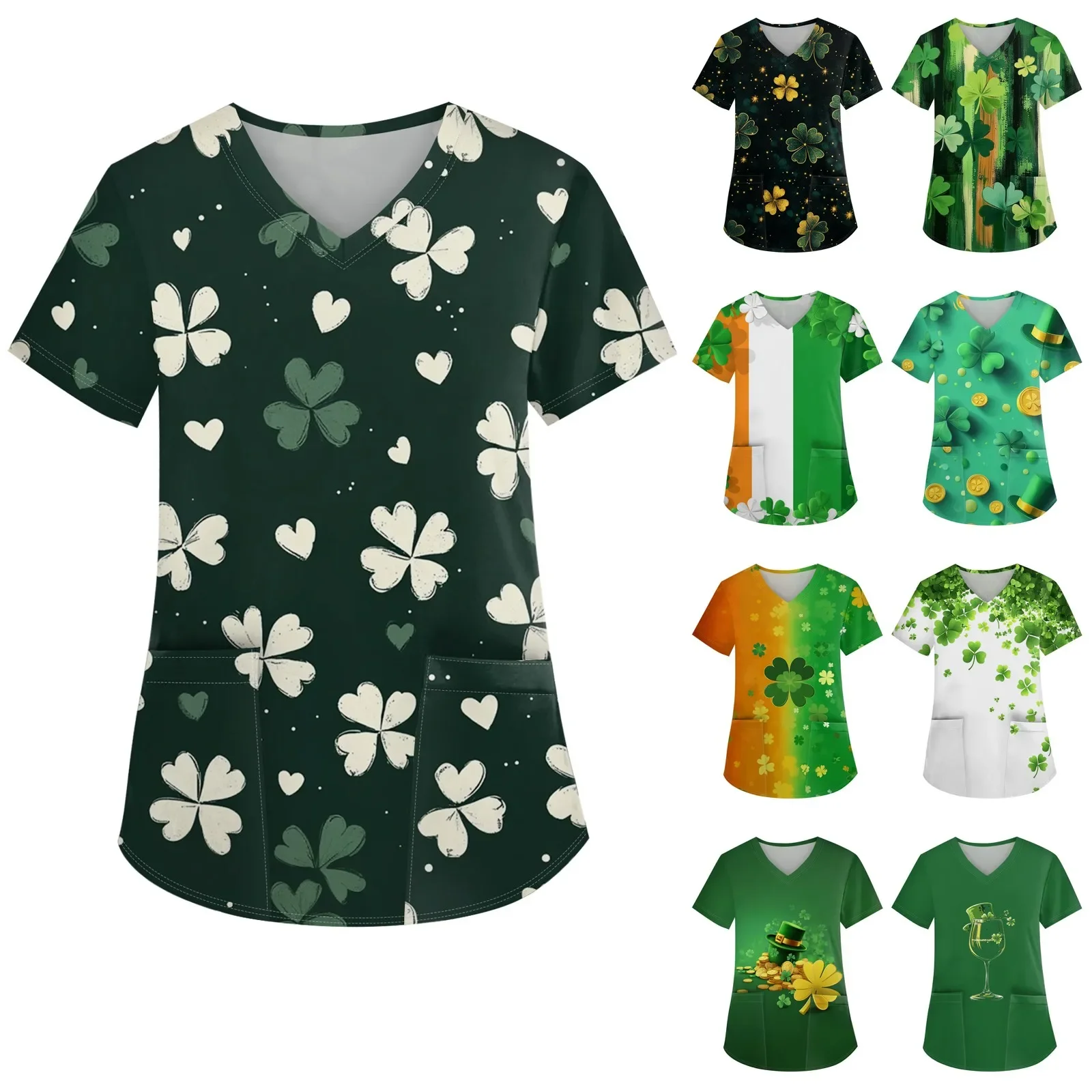 

2025 New Women's Fashion V-neck Short Sleeve Workwear With Pockets Printed Tops St. Patrick's Day Costume